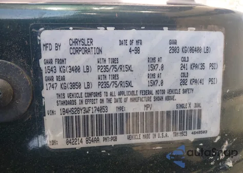 1998 Dodge Durango Slt z USA, uszkodzony, nr VIN 1B4HS28Y3WF174053